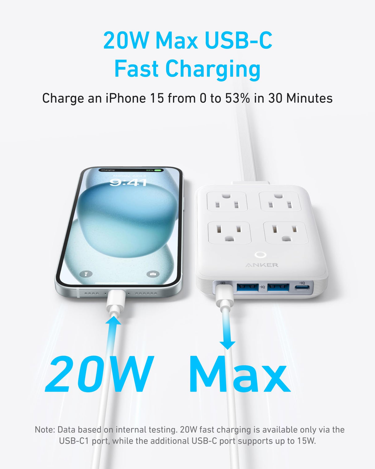 Anker 8-in-1 white charging station with 20W power, multiple USB ports, and sleek compact design for charging devices.