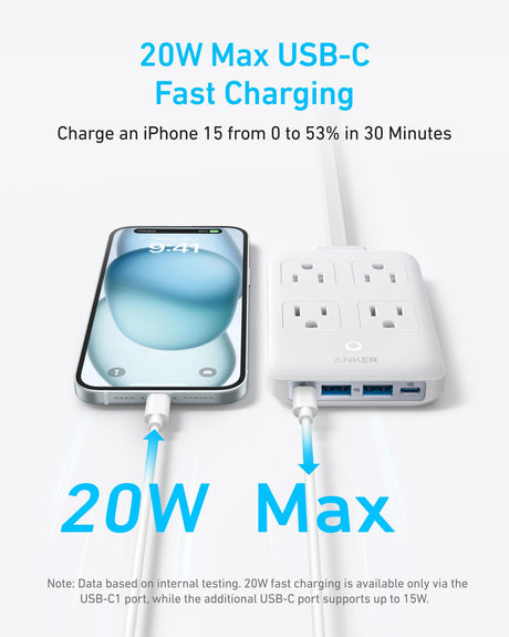 Anker 8-in-1 white charging station with 20W power, multiple USB ports, and sleek compact design for charging devices.