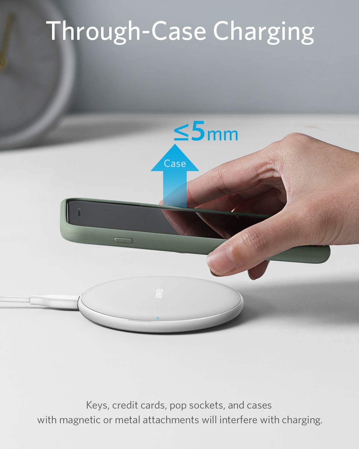 White Anker 313 wireless charging pad for fast phone charging, slim design, and compatible with Qi-enabled devices.