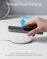 White Anker 313 wireless charging pad for fast phone charging, slim design, and compatible with Qi-enabled devices.