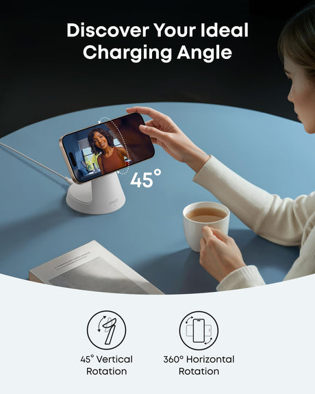 Anker MagGo 3-in-1 wireless charging station in white with dock stand for iPhone, AirPods, and Apple Watch charging.