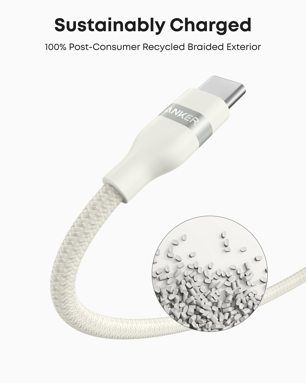 White Anker USB-A to USB-C braided cable, 6 feet, durable upcycled design, suitable for charging and data transfer.