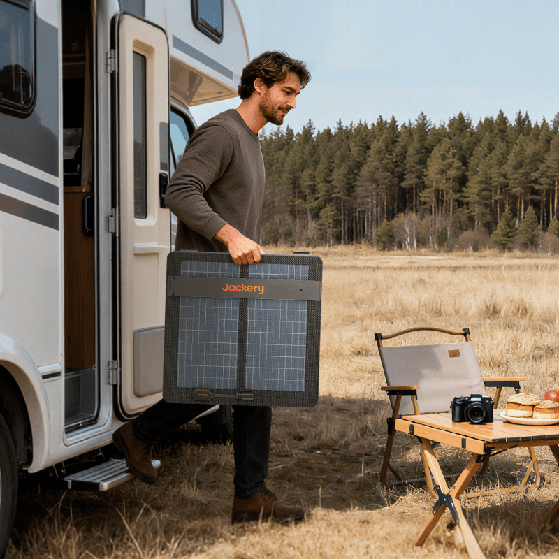 Jackery SolarSaga 100 Air portable solar panel for charging devices outdoors, featuring a compact design and high-efficiency solar cells.