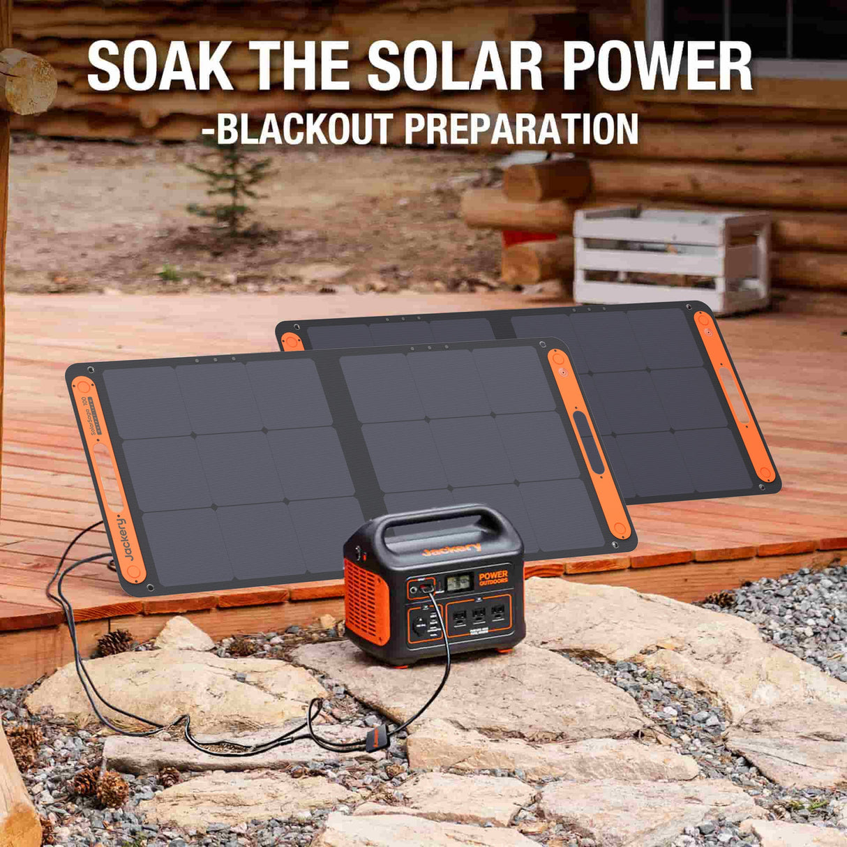 Jackery SolarSaga 100W solar panel add-on for portable solar power systems, shown in a natural outdoor setting.