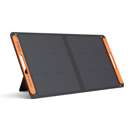 Jackery SolarSaga 100W solar panel add-on showing portable black solar panel with adjustable stand and foldable design.