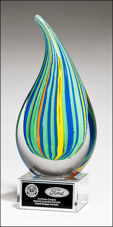 Airflyte art glass award with sleek, clear design, measuring 3.5 x 8.25 inches, showcasing its elegant craftsmanship.