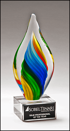 Airflyte Art Glass Award featuring a sleek, clear glass design with engraved details for recognition or achievement.
