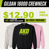 Gildan 18000 50 piece printed sweatshirt package - $12.90 per piece