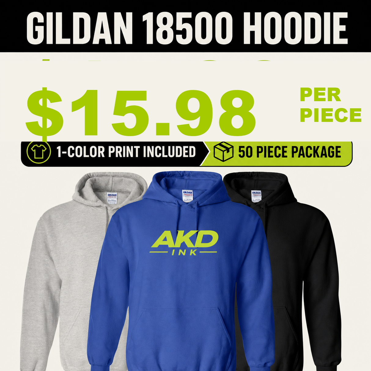Gildan 18500 50 piece printed hoodie package - $15.98 per piece