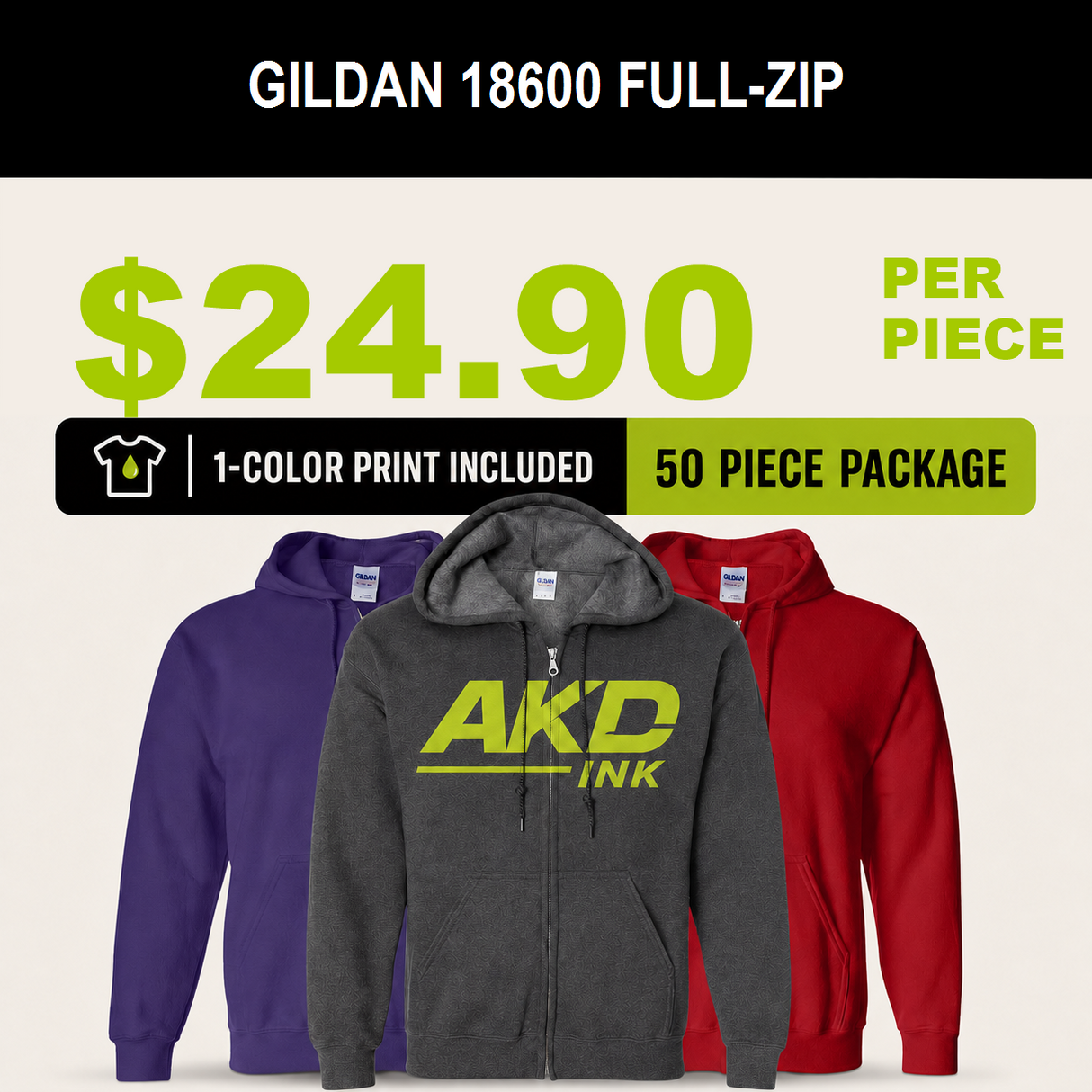 Gildan 18600 50 piece printed full-zip hoodie package - $24.90 per piece