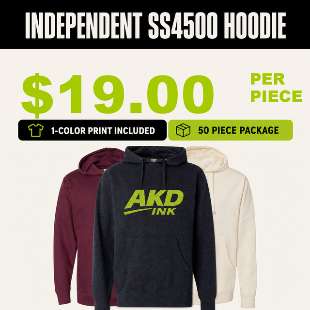 Independent SS4500 50 piece printed hoodie package - $19.00 per piece