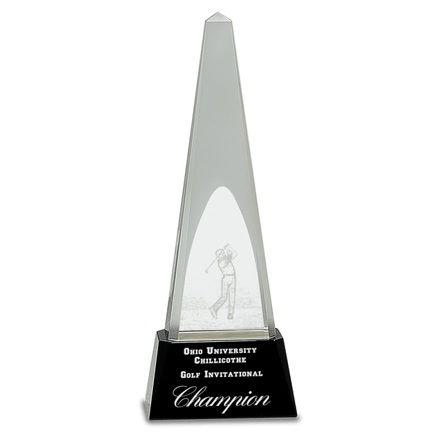 Small Clear Crystal 3D Golf Spire on  Pedestal Base-AKD Ink