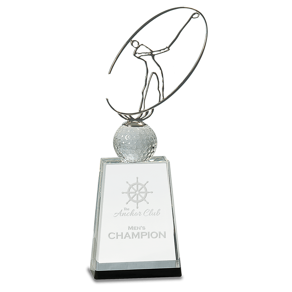 Large Clear/ Crystal Golf Award with Silver Metal Oval Figure-AKD Ink