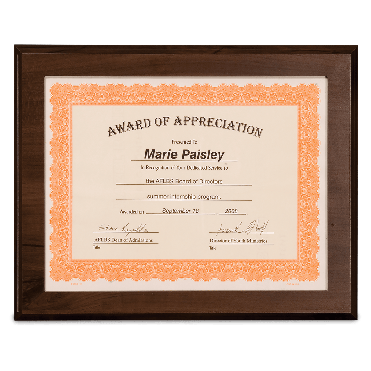 Cherry Finish Plaque with Slide-In Certificate Frame