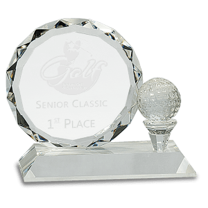 Round Facet Crystal with Golf Ball on Clear Pedestal Base