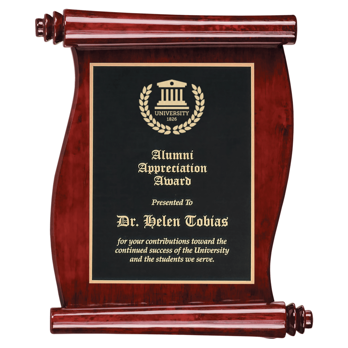 Rosewood Finish Scroll Plaque With Black Plate