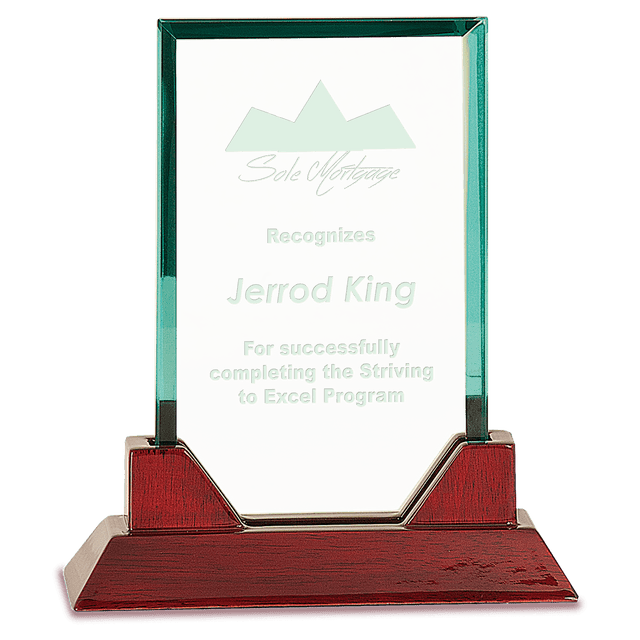 Small Jade Rectangle Prestige Glass Award with Rosewood Base