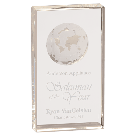 Large Clear Crystal Rectangle with Globe Etching-AKD Ink