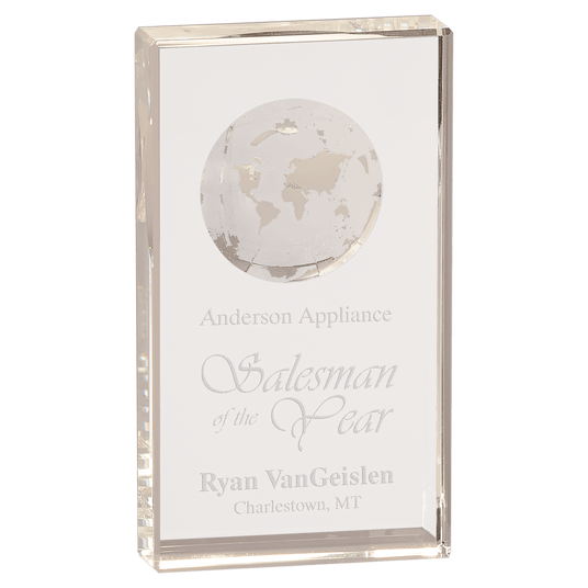 Large Clear Crystal Rectangle Award with Globe Etching-AKD Ink