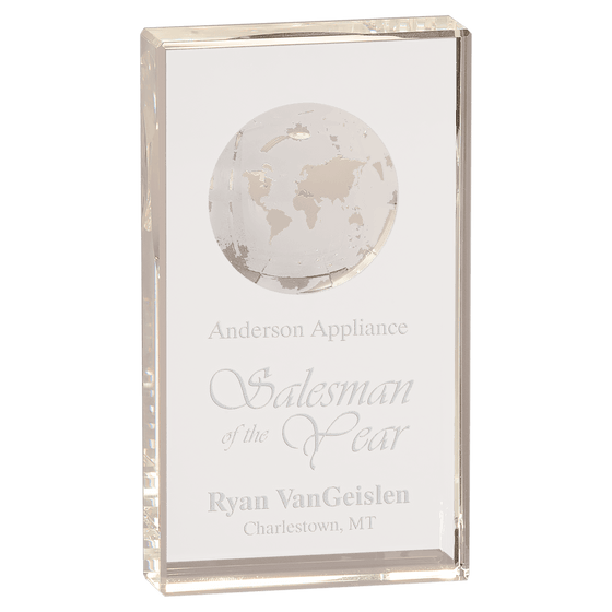 Large Clear Crystal Rectangle Award with Globe Etching