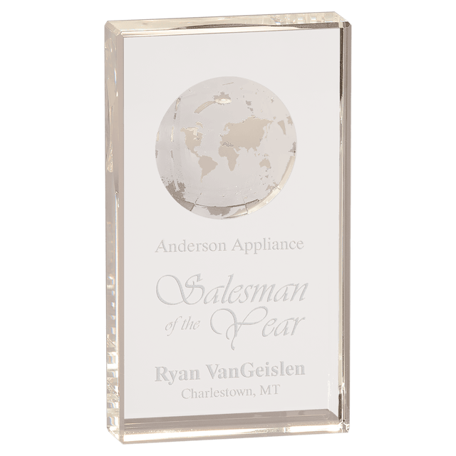 Large Clear Crystal Rectangle Award with Globe Etching-AKD Ink