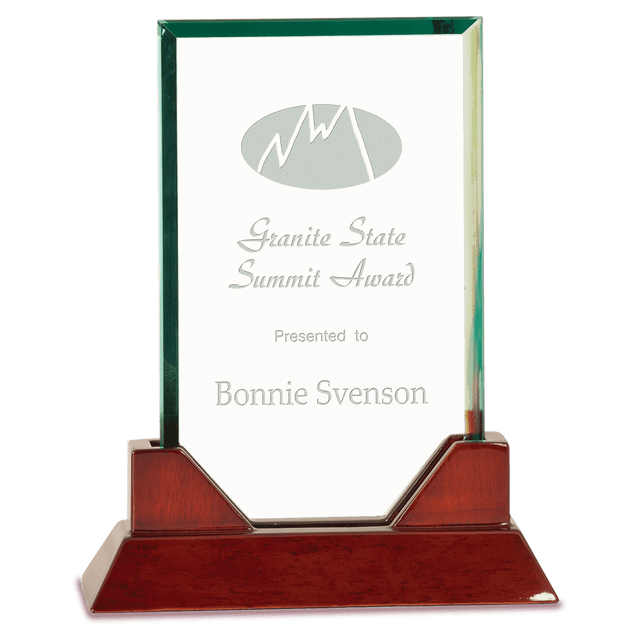 Medium Jade Rectangle Prestige Glass Award with Rosewood Base