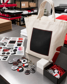 Promotional bundle with tote bag buttons stickers and packaging from AKD Ink