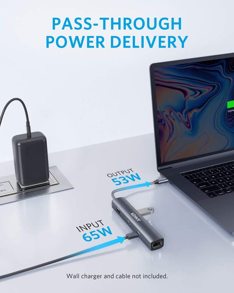 Anker 543 USB-C Hub, slim 6-in-1 charging-only hub with multiple ports, designed for versatile device connectivity.