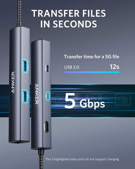Anker 543 USB-C Hub 6-in-1 slim charging only port with multiple connections for laptops and tablets.
