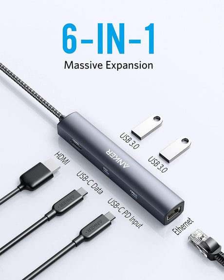 Anker 543 USB-C Hub 6-in-1 slim charging station with multiple ports, shown connected to a laptop with a sleek design.