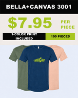 BELLA+CANVAS 3001 100-piece printed T-shirt package - $7.95 per piece