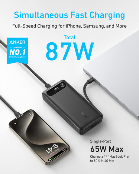 Anker Power Bank (20K, 87W, Built-In USB-C Cable) - AKD Ink
