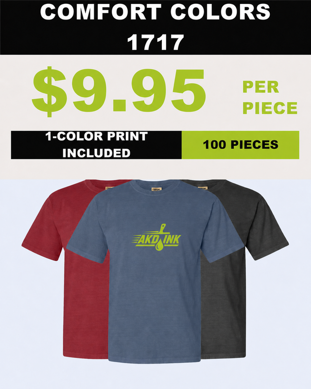 COMFORT COLORS 1717 100-piece printed T-shirt package - $9.95 per piece