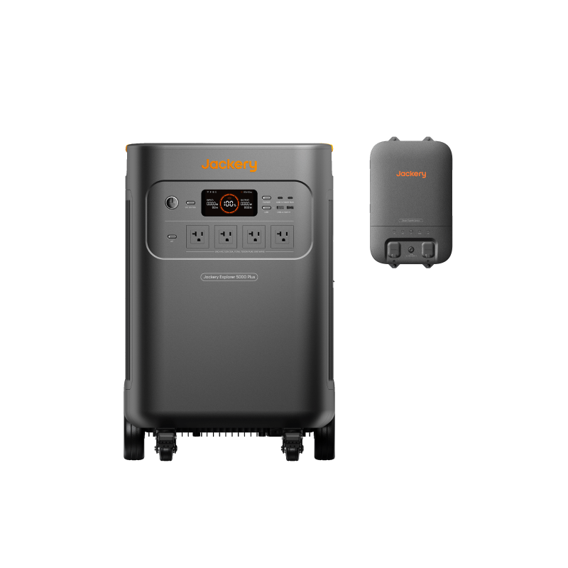 Jackery Explorer 5000 Plus portable power station with multiple outlets and digital display, suitable for outdoor and emergency use.