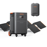 Jackery Solar Generator 5000 Plus with multiple power outlets and solar panel input for portable off-grid energy solutions.