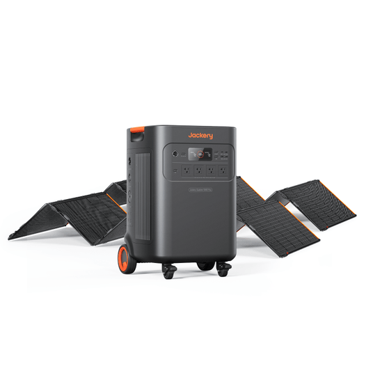 Jackery Solar Generator 5000 Plus in black with multiple outlets, portable power station for outdoor and emergency use