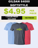 GILDAN 64000 SOFTSTYLE 100-piece printed T-shirt package - $4.95 per piece