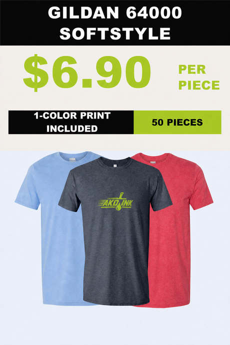 GILDAN 64000 SOFTSTYLE 50-piece printed T-shirt package - $6.90 per piece