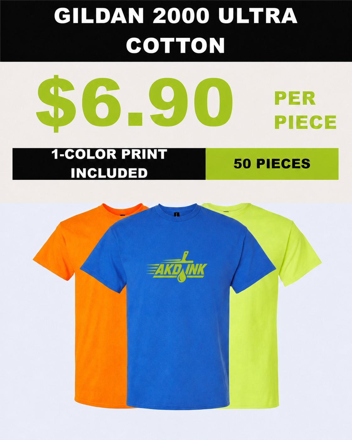 GILDAN 2000 ULTRA COTTON 50-piece printed T-shirt package - $6.90 per piece
