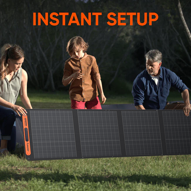 Jackery SolarSaga 200W portable solar panel for outdoor use, featuring multiple solar cells and adjustable stand.