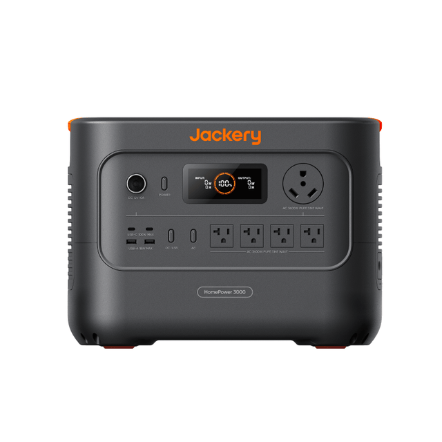 Jackery HomePower 3000 portable power station with multiple outlets and a digital display, designed for portable energy solutions.