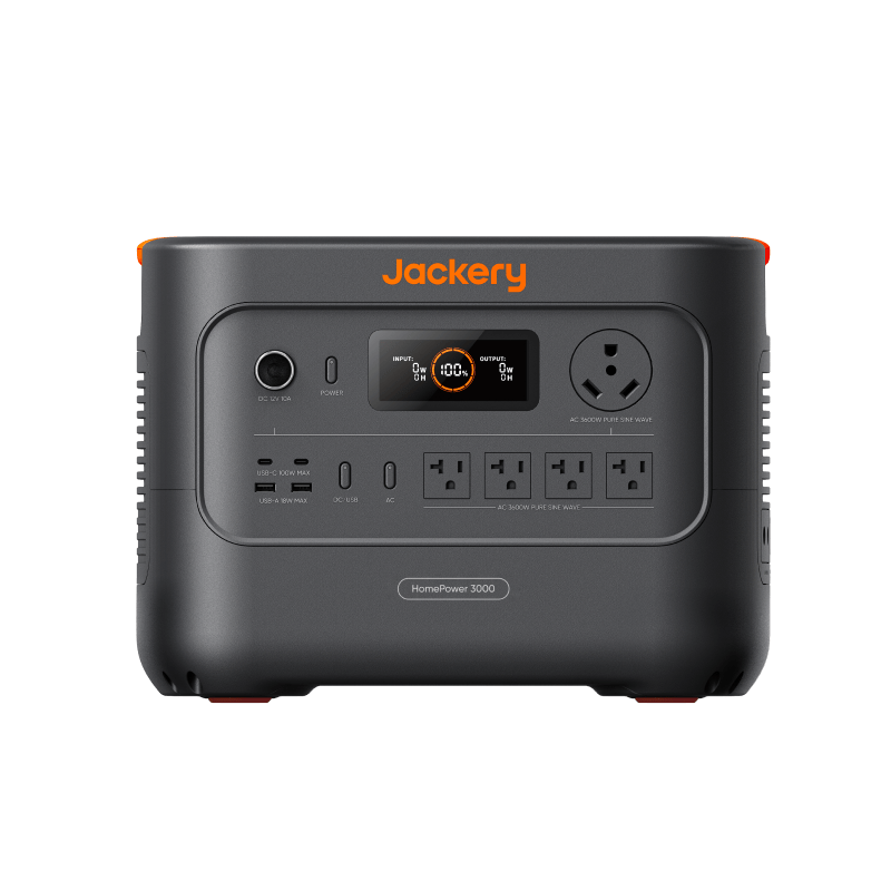 Jackery Solar Generator HomePower 3000 portable power station with multiple outlets and digital display for home backup.