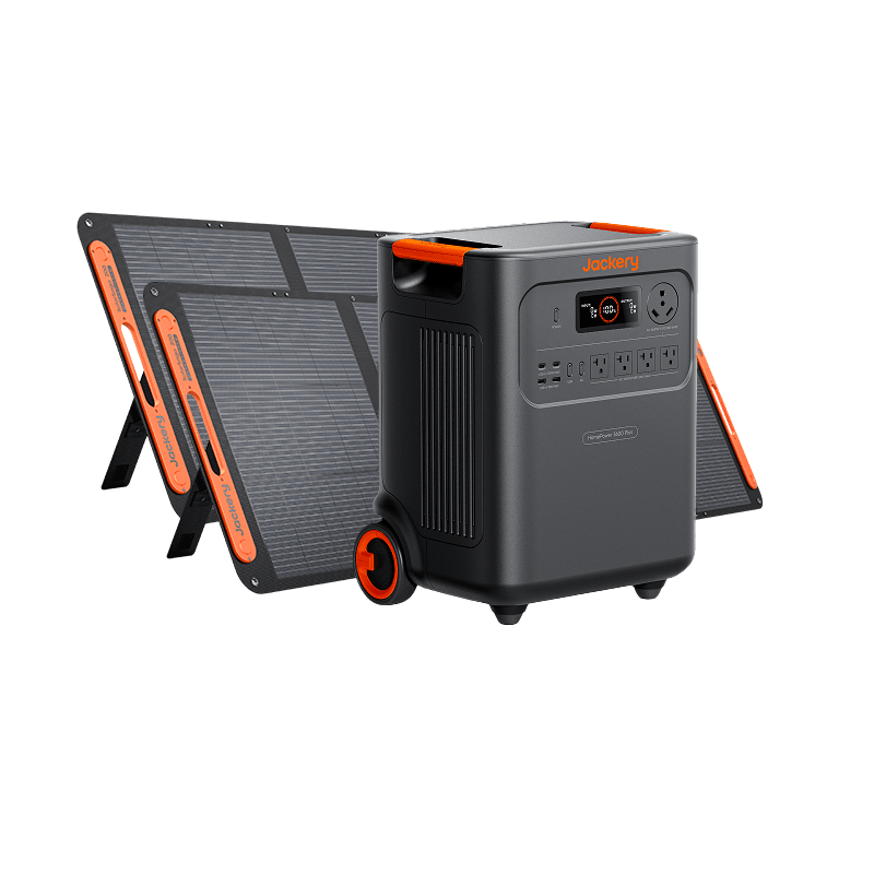 Jackery Solar Generator HomePower 3600 Plus with multiple outlets and solar panels for portable renewable energy storage.