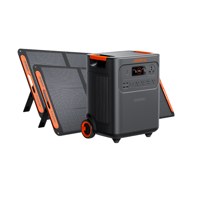 Jackery Solar Generator HomePower 3600 Plus with multiple outlets and solar panels for portable renewable energy storage.