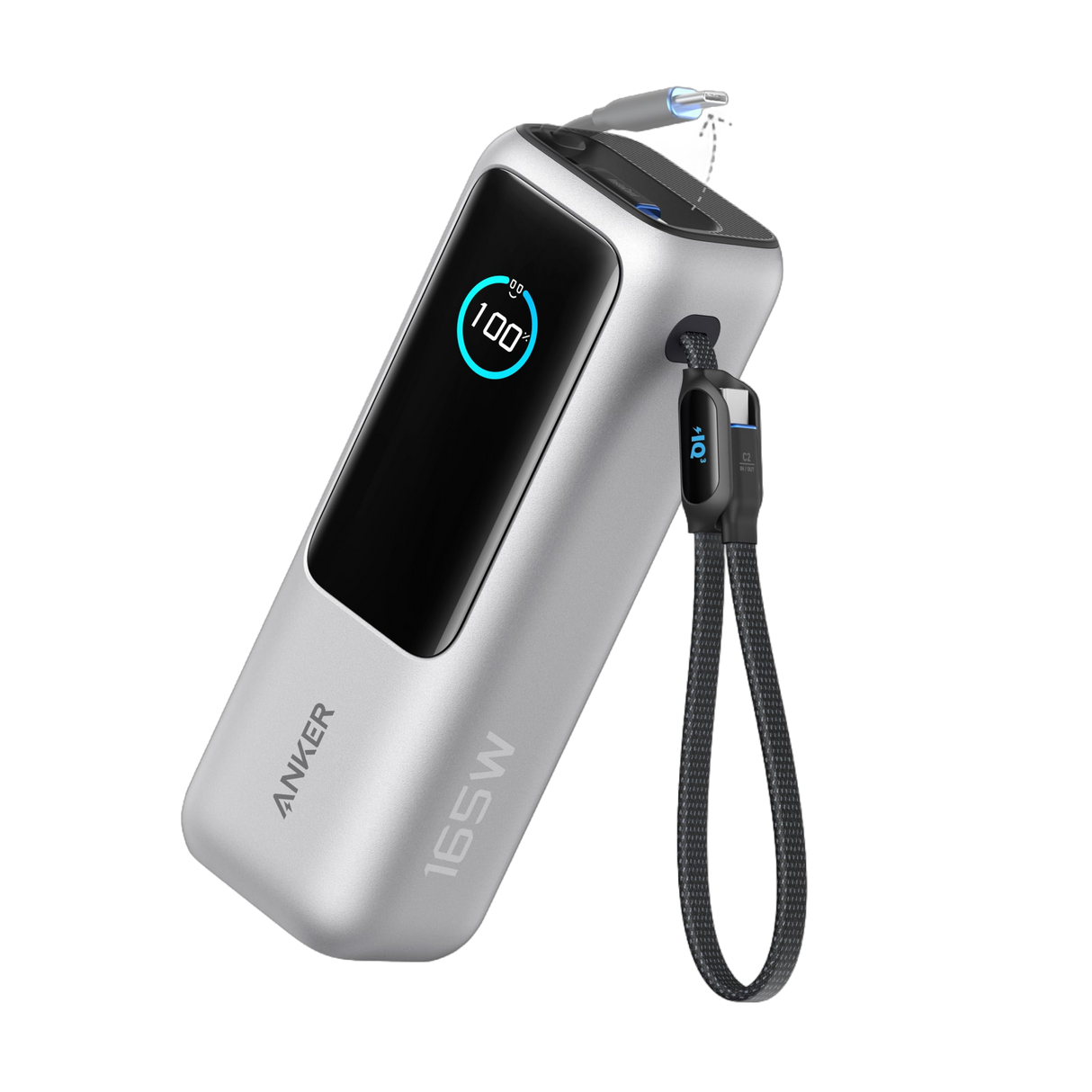 Anker 25K 165W laptop power bank with built-in retractable cables for portable device charging.