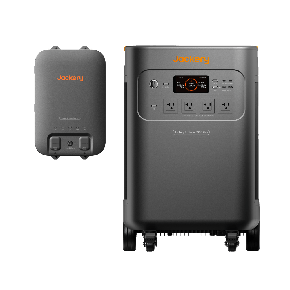 Jackery Explorer 5000 Plus portable power station with multiple outlets and digital display, set against a neutral background.