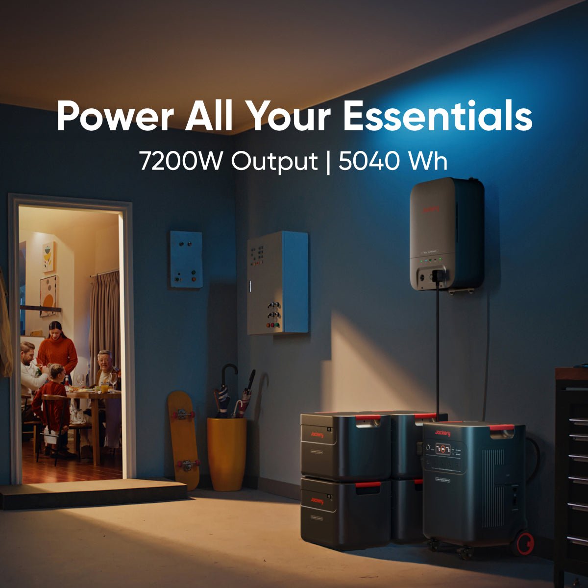 Jackery Explorer 5000 Plus portable power station with multiple outlets and digital display for charging devices outdoors.