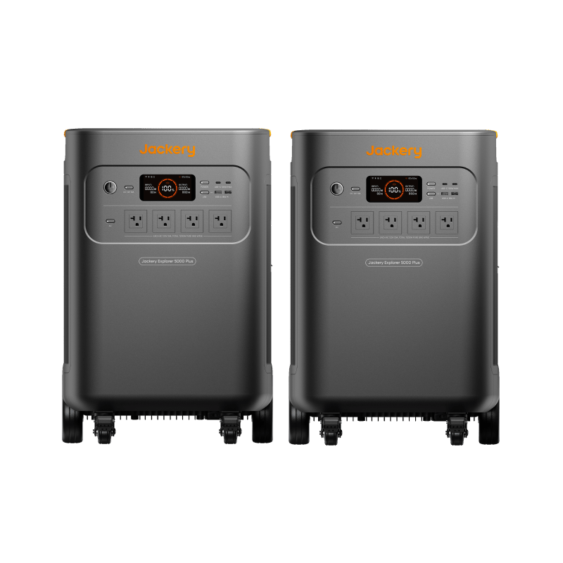 Jackery Explorer 5000 Plus Double Kit with two portable power stations and multiple charging ports on a white background.