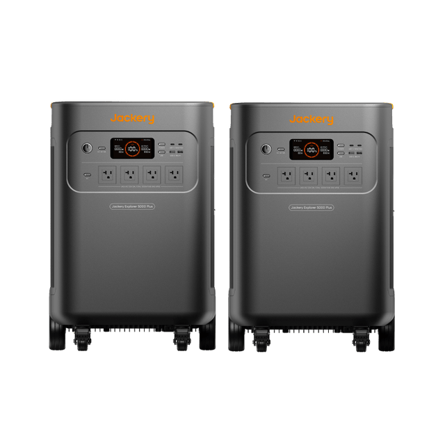 Jackery Explorer 5000 Plus Double Kit with two portable power stations and multiple charging ports on a white background.