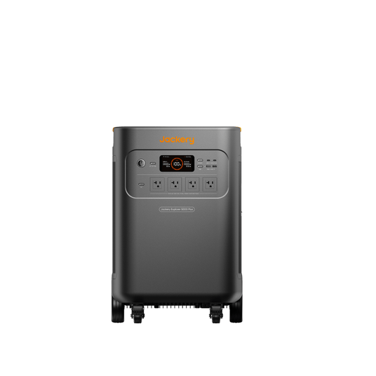 Refurbished Jackery Explorer 5000 Plus portable power station with digital display and multiple outlet ports.